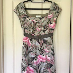 Moulinette Soeurs Size 4 Silk Summer Dress - Tropical Pink and Silver Grey Print